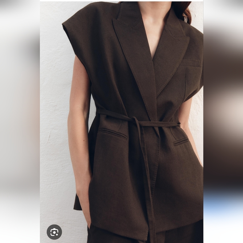 Zara Linen Blend Waistcoat Wrap Vest Size Brown M and XL